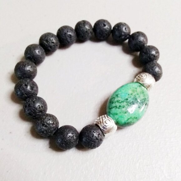 Chrysacolla & Black Lava Rock Bracelet! Thick, Solid & Chunky! Heavy Stone Beads - Picture 1 of 8